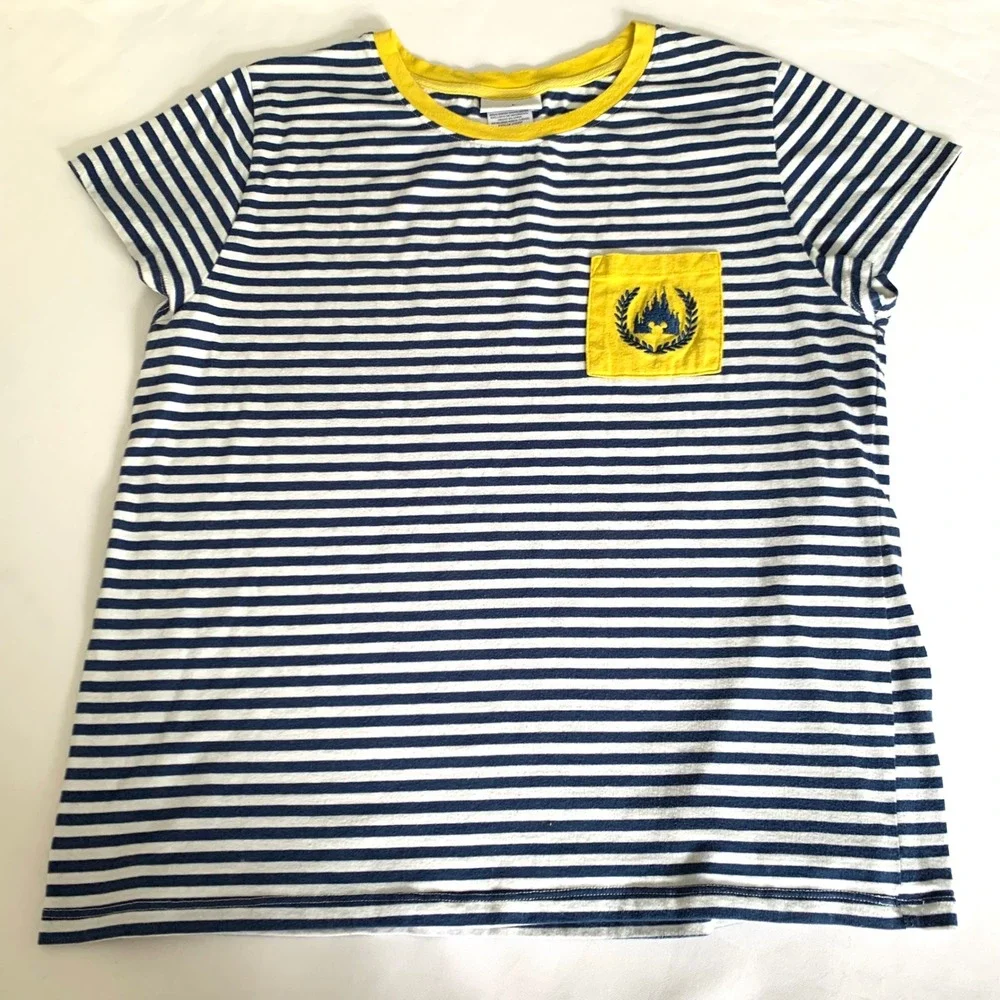 Disney Parks Shirt Women XL Striped Pocket T-Shirt Navy Yellow Castle‎ Vacation