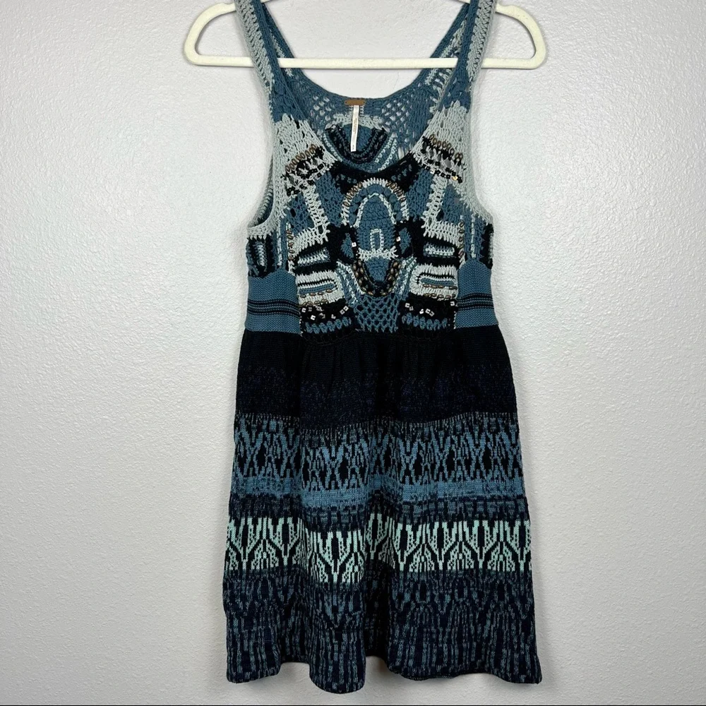 Free People Blue and Black Crochet Knit Tank Dress