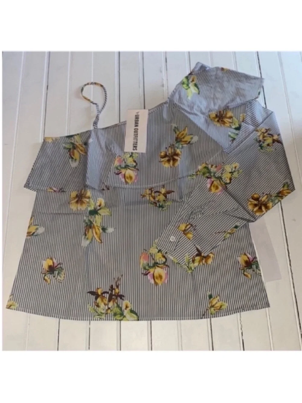 Lumiere Urban Outfitters Top Blue White Stripes Yellow Floral Size S