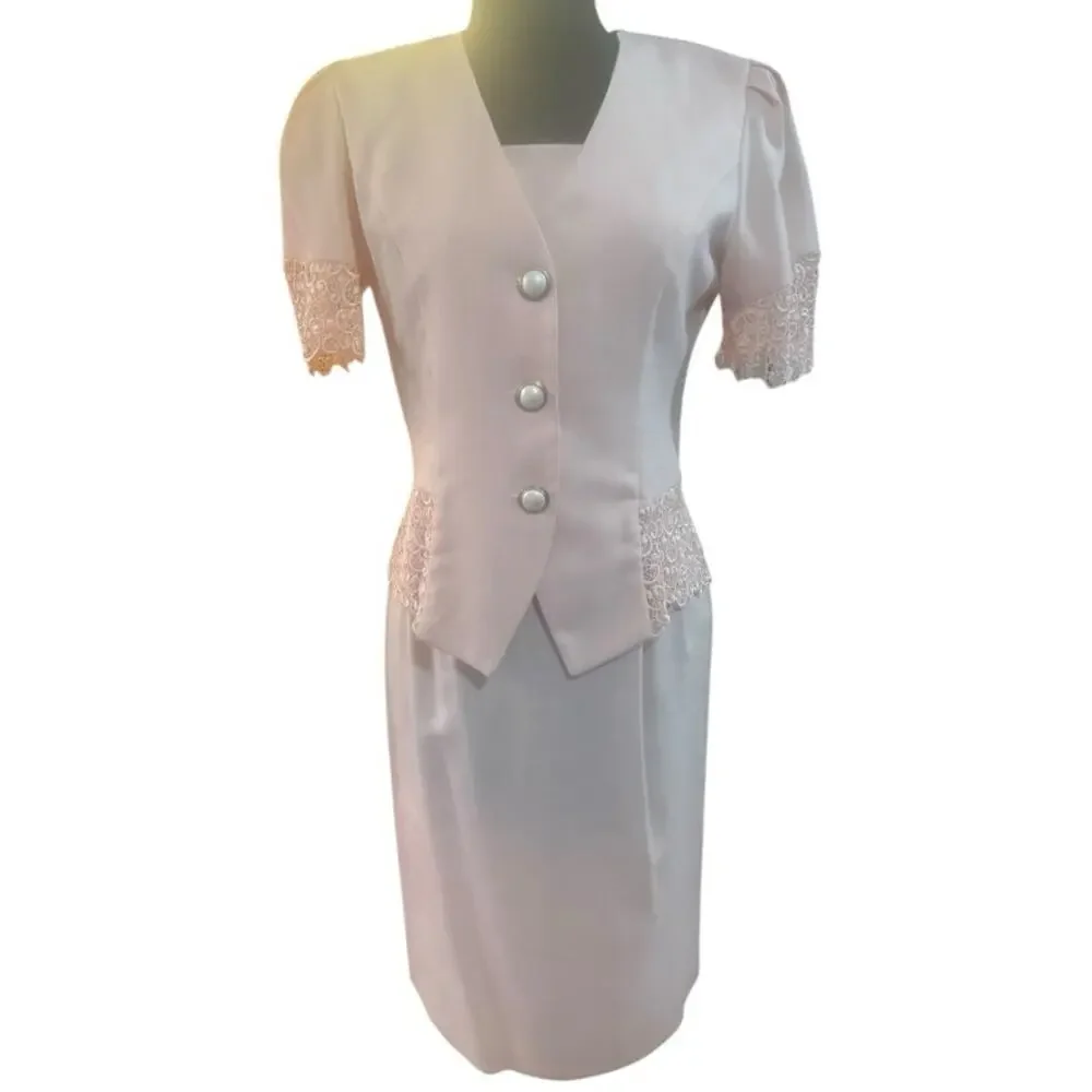 Vtg Blush Pink Lace Trim Skirt Suit Size 8 Short Sleeve Peplum Jacket Romantic