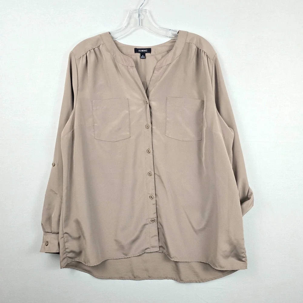 Elementz‎ Button Front Roll Tab Long Sleeve Light Brown Women Shirt XL