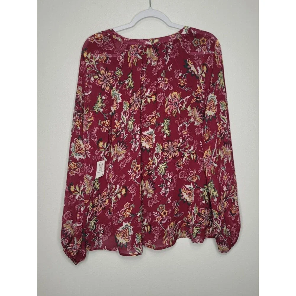 8th & Madison maroon floral long sleeve cute partial button pop over top XL NWT
