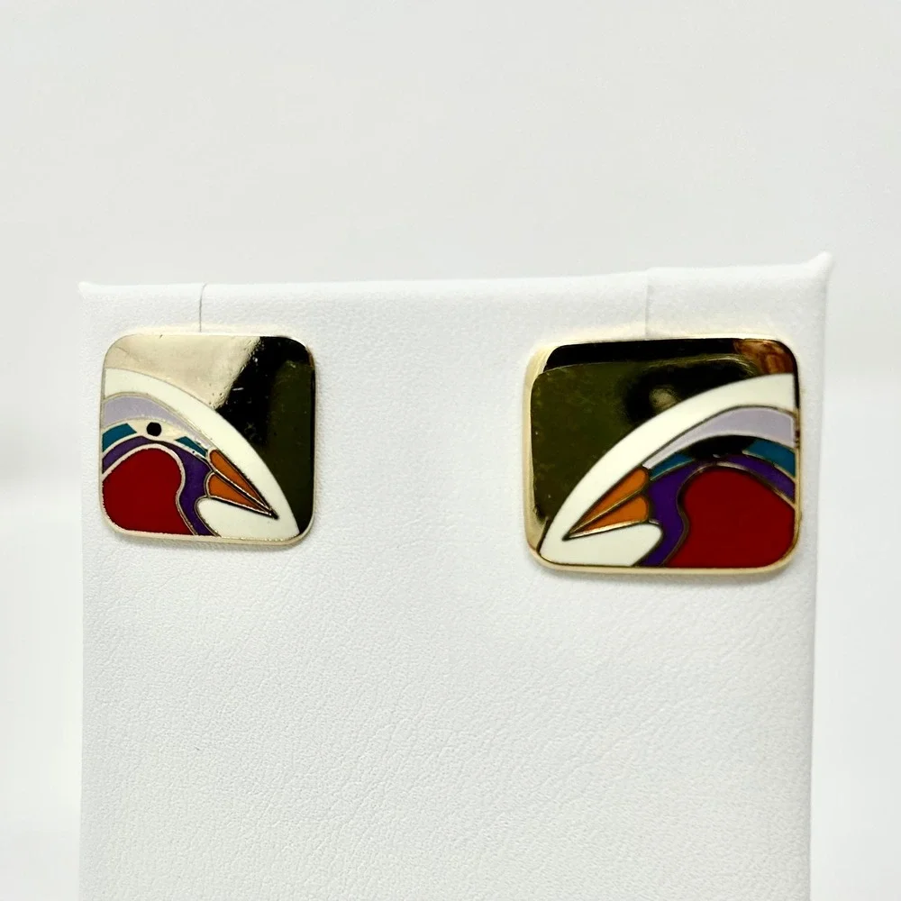 VTG Laurel‎ Burch Tori Mon Enamel Art Deco Square Stud Earrings Gold Tone
