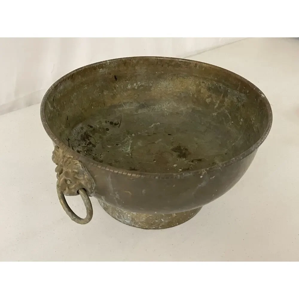 Old Antique/Vintage Middle Eastern Copper Etched Footed Bowl Lion Head Ring