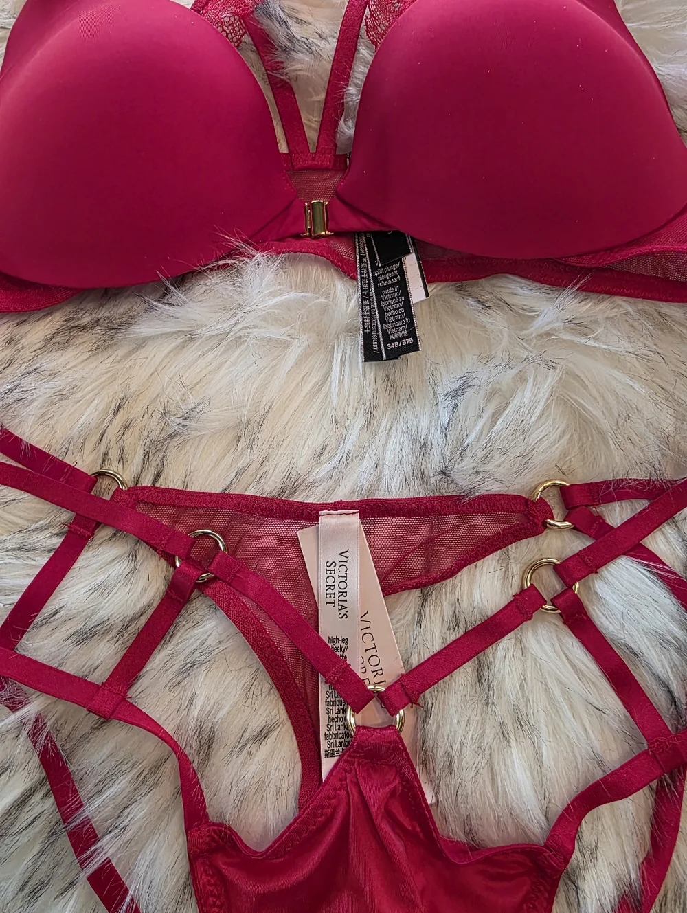 Victoria's Secret Red Angel Wing Back Strappy Bra Panty Set 34B M Gold Hardware
