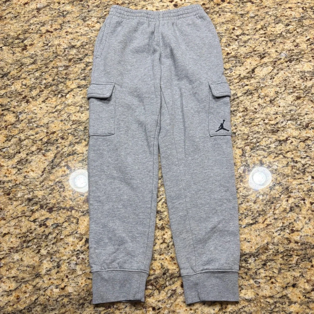 Jordan Boy Gray Fleece Cargo Sweatpants Jumpman Logo Joggers Size M 10-12Y