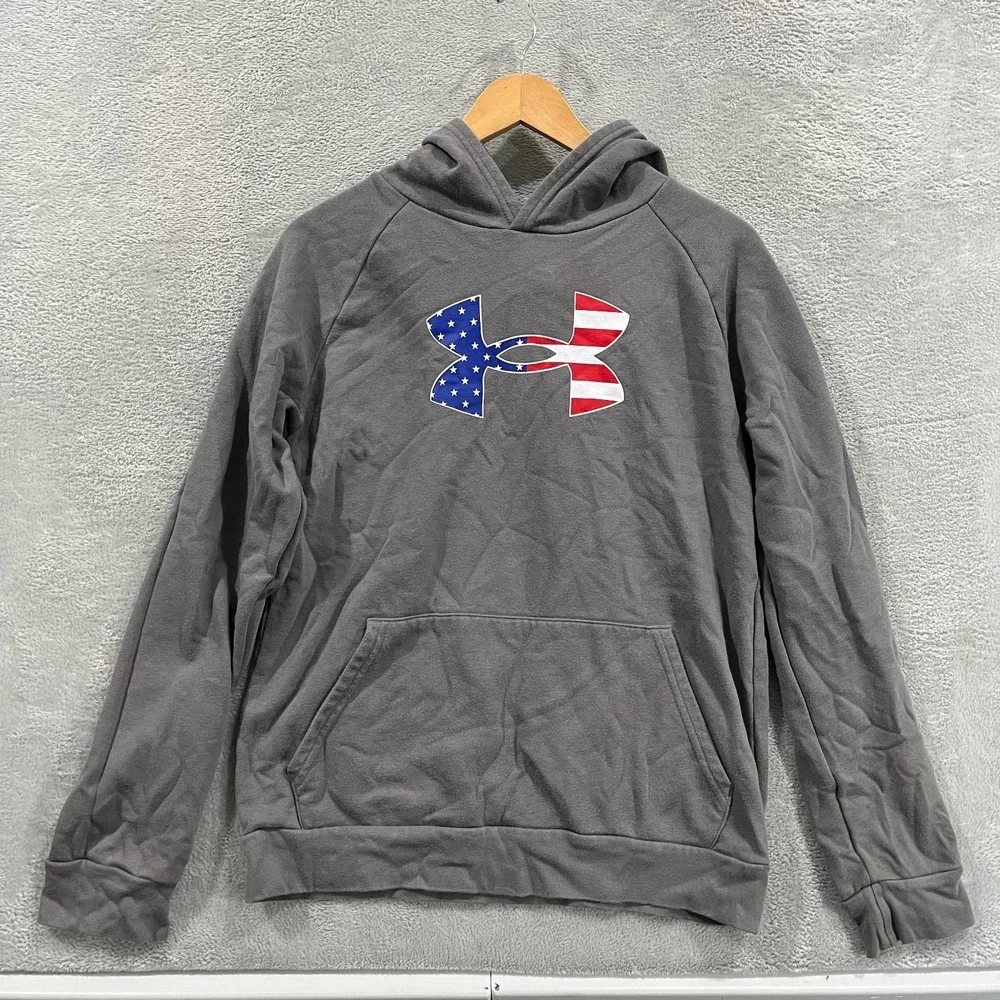 Under Armour Hoodie Youth XL Gray American Flag Print Fleece Lined Loose Fit