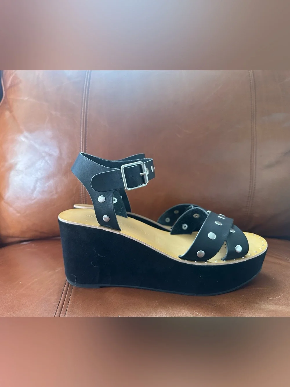 Chinese Laundry Black Leather Studded Ankle Strap Wedge Sandals  9