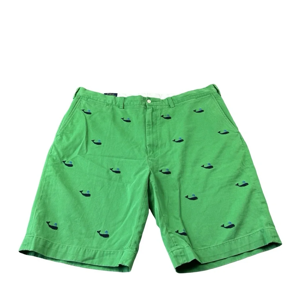 Polo Ralph Lauren Green Blue Whale Embroidered Chino Shorts Mens 42 Tall Long