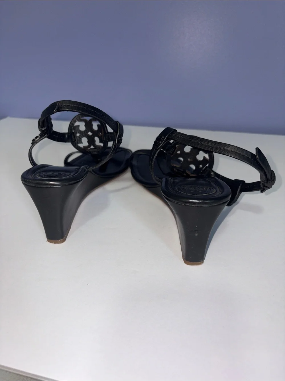 Tory Burch Black Leather Logo Miller T-Strap Sandals with Signature Medallion