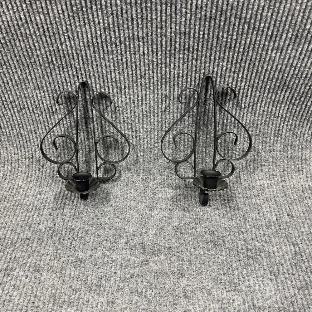 Vintage MCM Spanish Gothic‎ Wall Hanging Black Wrought Iron Candle Holder Set