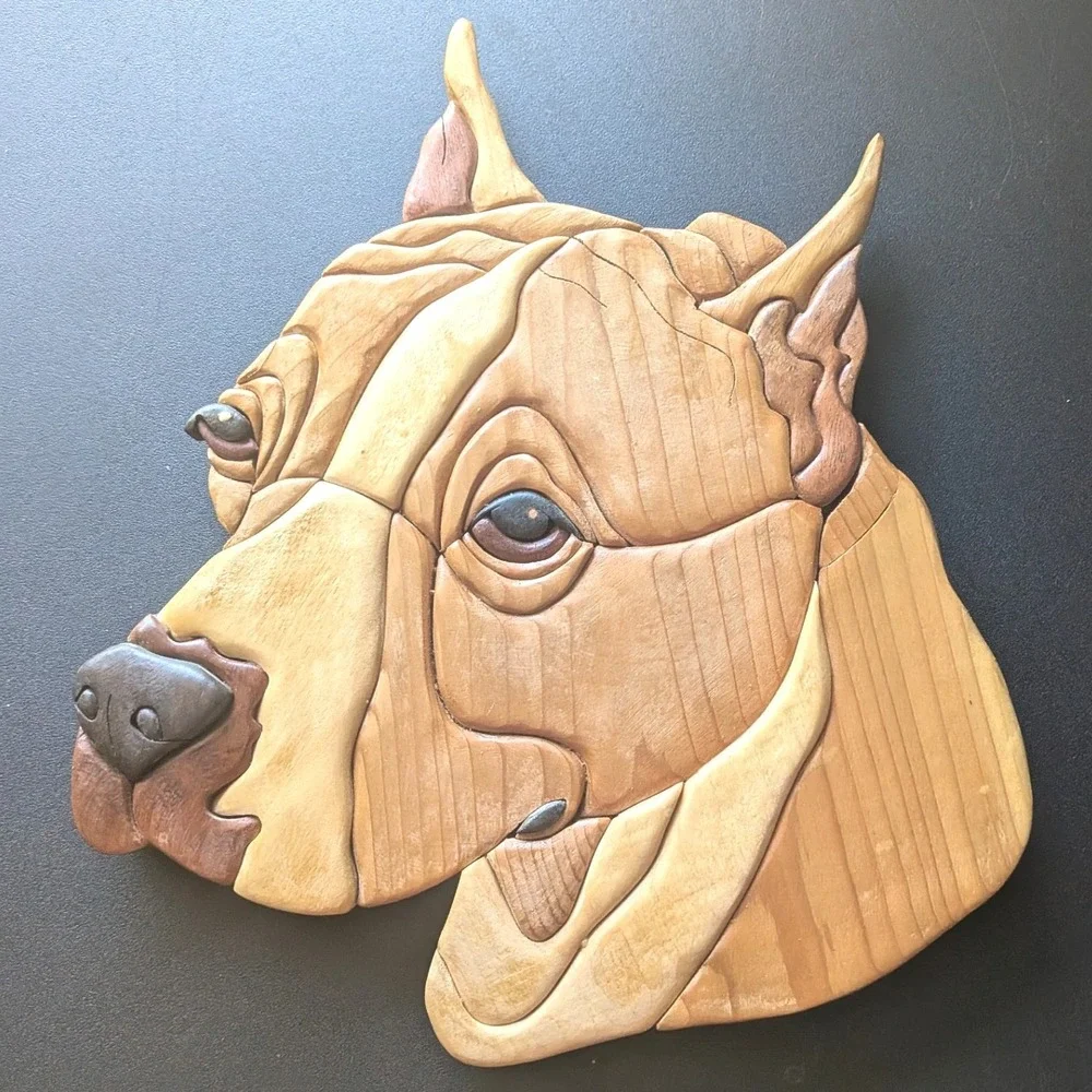 Pit Bull Terrier Intarsia Wood Wall Art Handmade 3D Dog Portrait Plaque 10