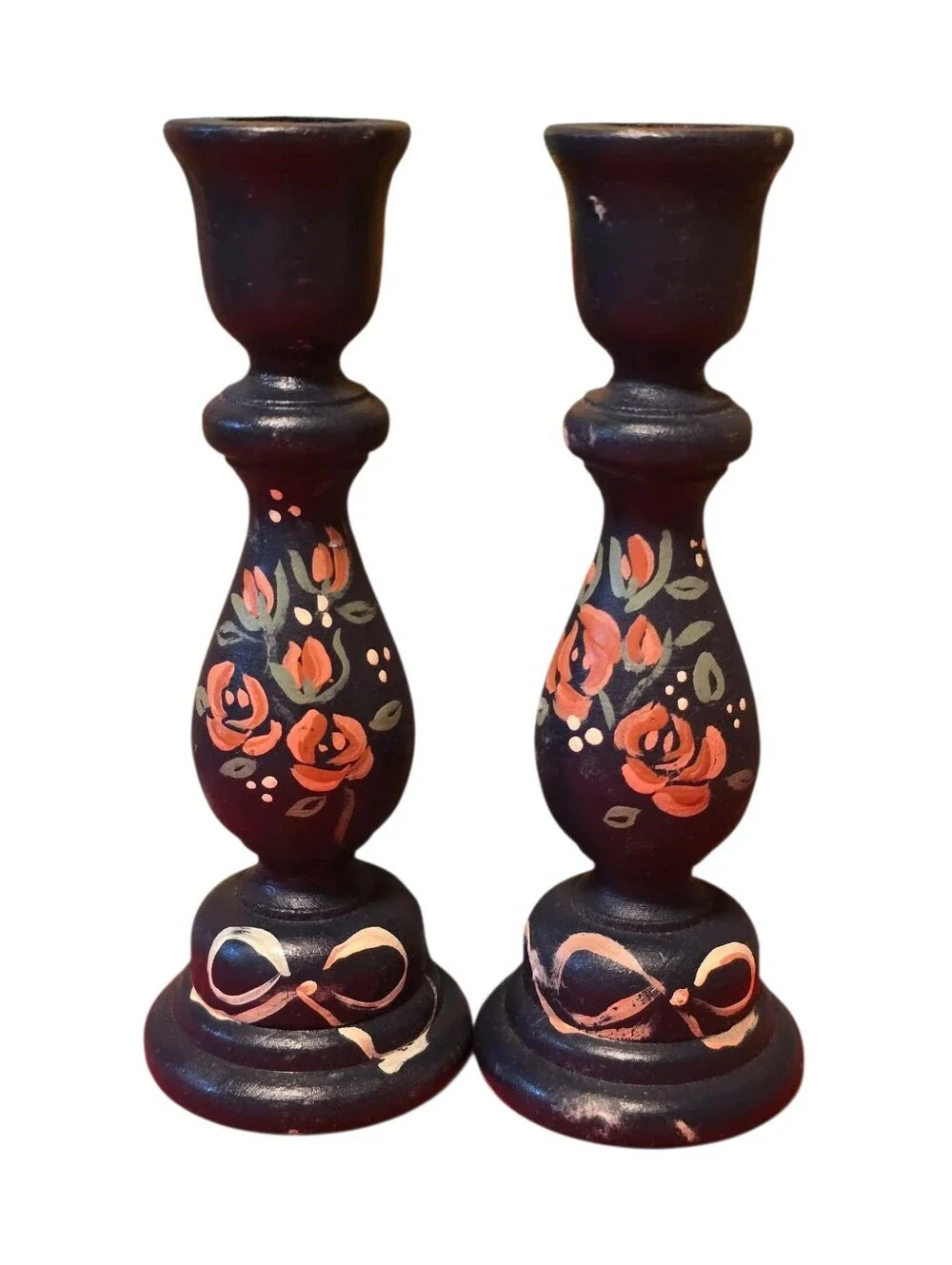 Vintage | Hand-Painted Floral Wooden Candle Holders