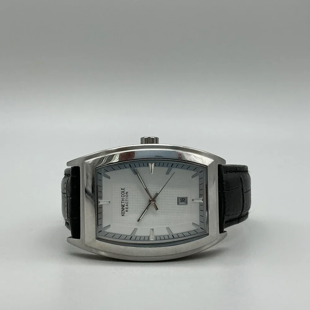 Kenneth Cole Reaction Men Watch 35mm Silver Tone Leather Date KC1667 New Battery