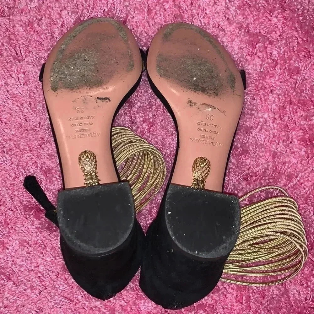 Aquazzura Black Gold Spin Me Heels Size 9