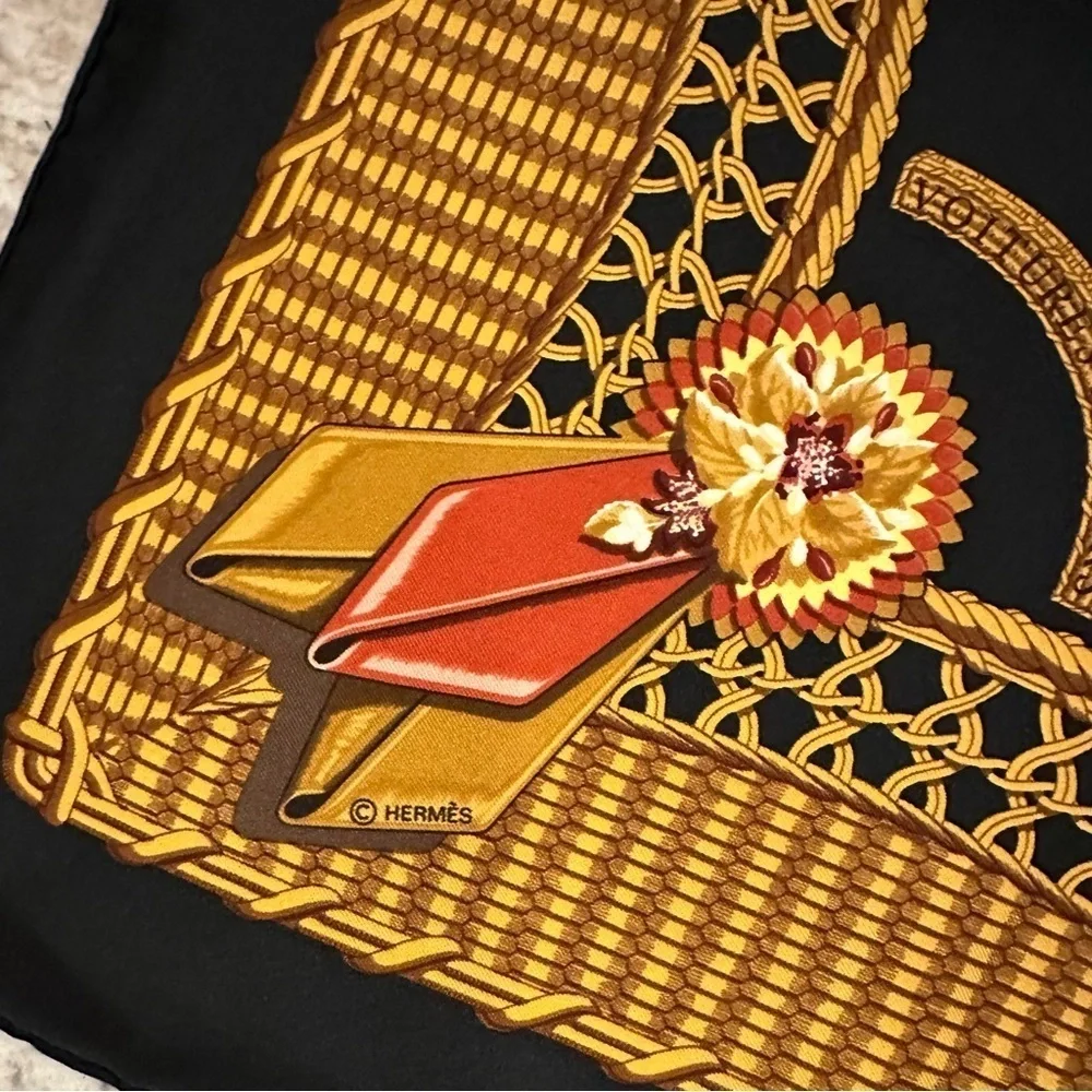 Hermes Black Voitures Paniers by J Abadie Silk Scarf France black gold red 35x35