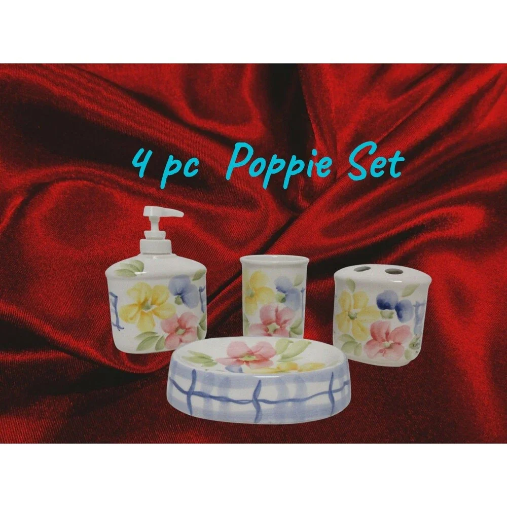 4 pc  Hand Decorated Soap Dispenser Toothbrush holder cup & Soap Dish  Taiwan
