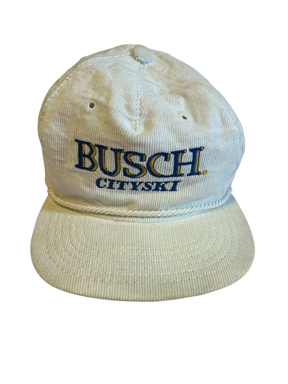 Vintage Busch Beer Hat Embroidered Leather Strapback Brass Buckle Retro