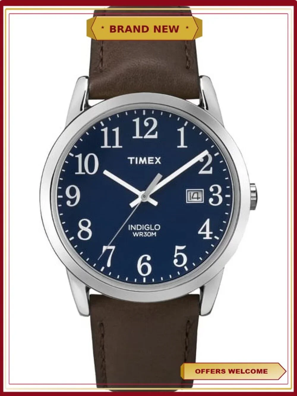 Mens Analog Indiglo Watch Water Resistant 30m Brown Strap