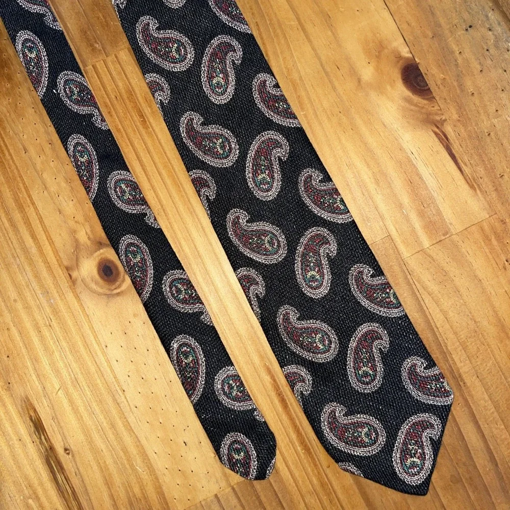 Robert Talbot Hand Sewn Necktie Men Black Linen Silk Paisley Vintage Wedding‎