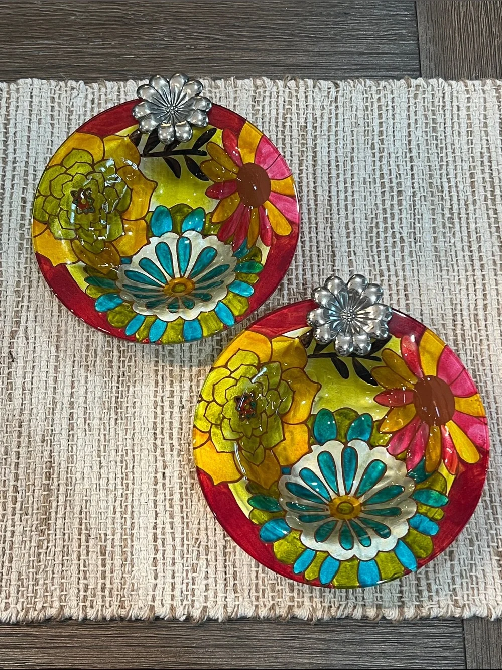 Rare Hand-Painted Floral Glass Bowls by Jennifer Brinley Entitled Natures Garden