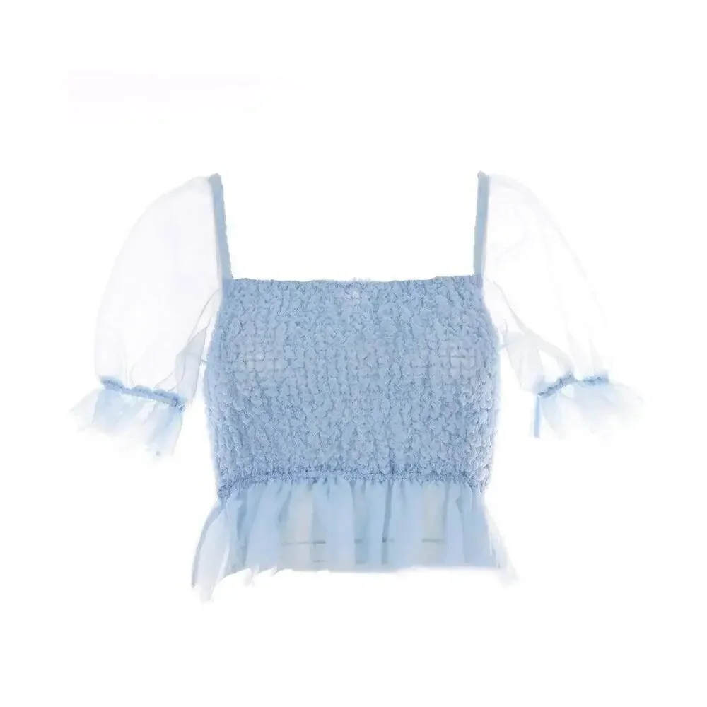 STAUD Cannon Organza Smocked Top Women's Small Blue Puff Sleeve Blouse NWT