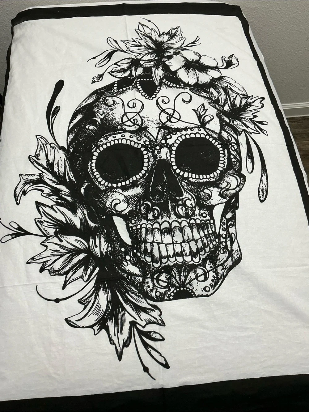 Vintage sugar skull tapestry black white floral cotton wall hanging 46x30 boho