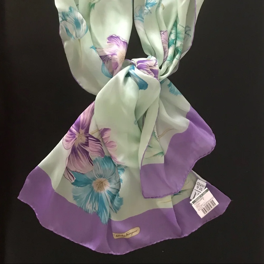 Salvatore Ferragamo Floral Silk Chiffon Scarf Tulip Print, Mint & Lilac