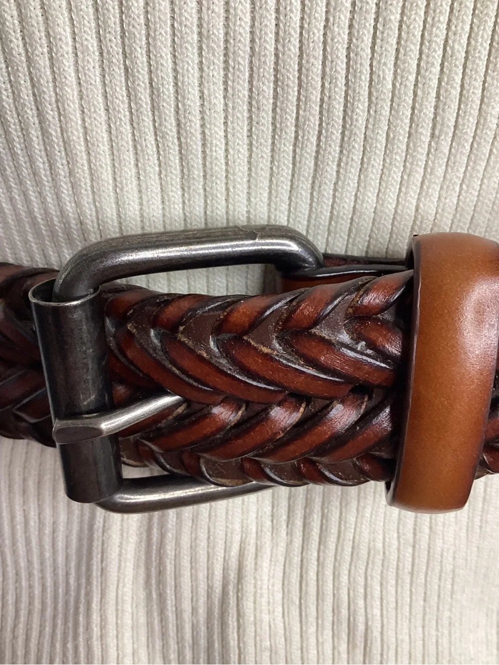 Braided Vegan Leather Belt in Brown with Silver Buckle