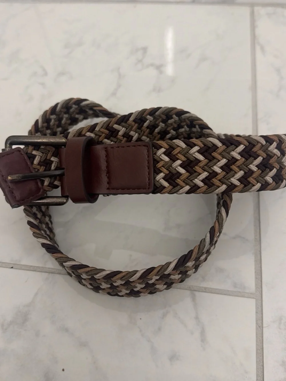 Braided Stretch Belt in Brown Multi-Tone with Leather Trim