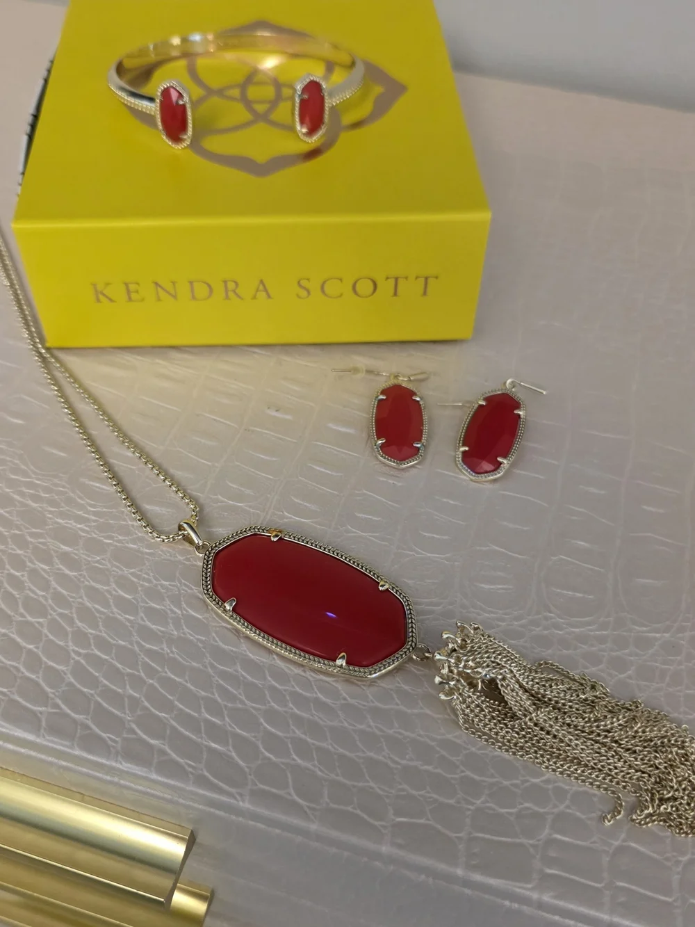 Kendra Scott Red Rayne Tassel Necklace, Earrings & Cuff Set - Gold Tone