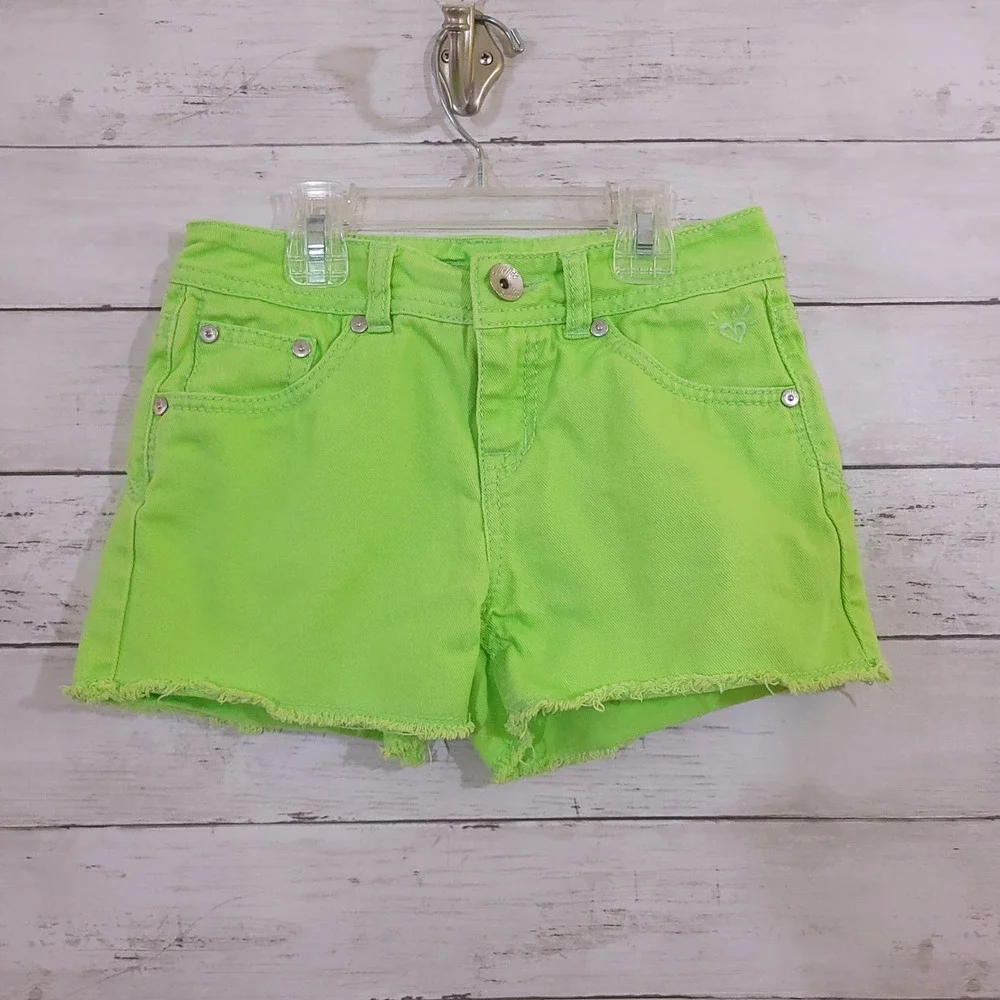 Justice Girls Neon Green Frayed Hem Denim Shorts Size 10R Heart Embroidery