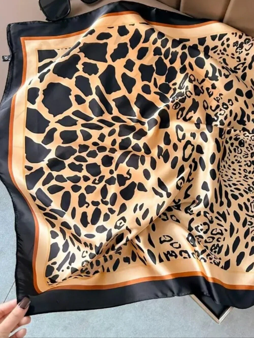 Silk-feel Leopard Print Square Scarf - Black and Tan Head Scarf, Neck Scarf
