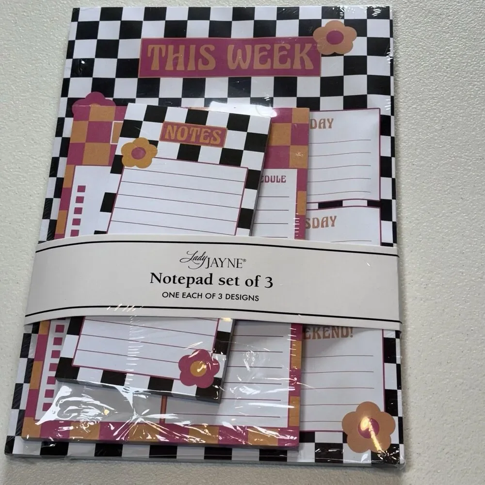 Lady Jayne THIS WEEK Notepad Black White Check Pink Yellow Flowers Teacher Works