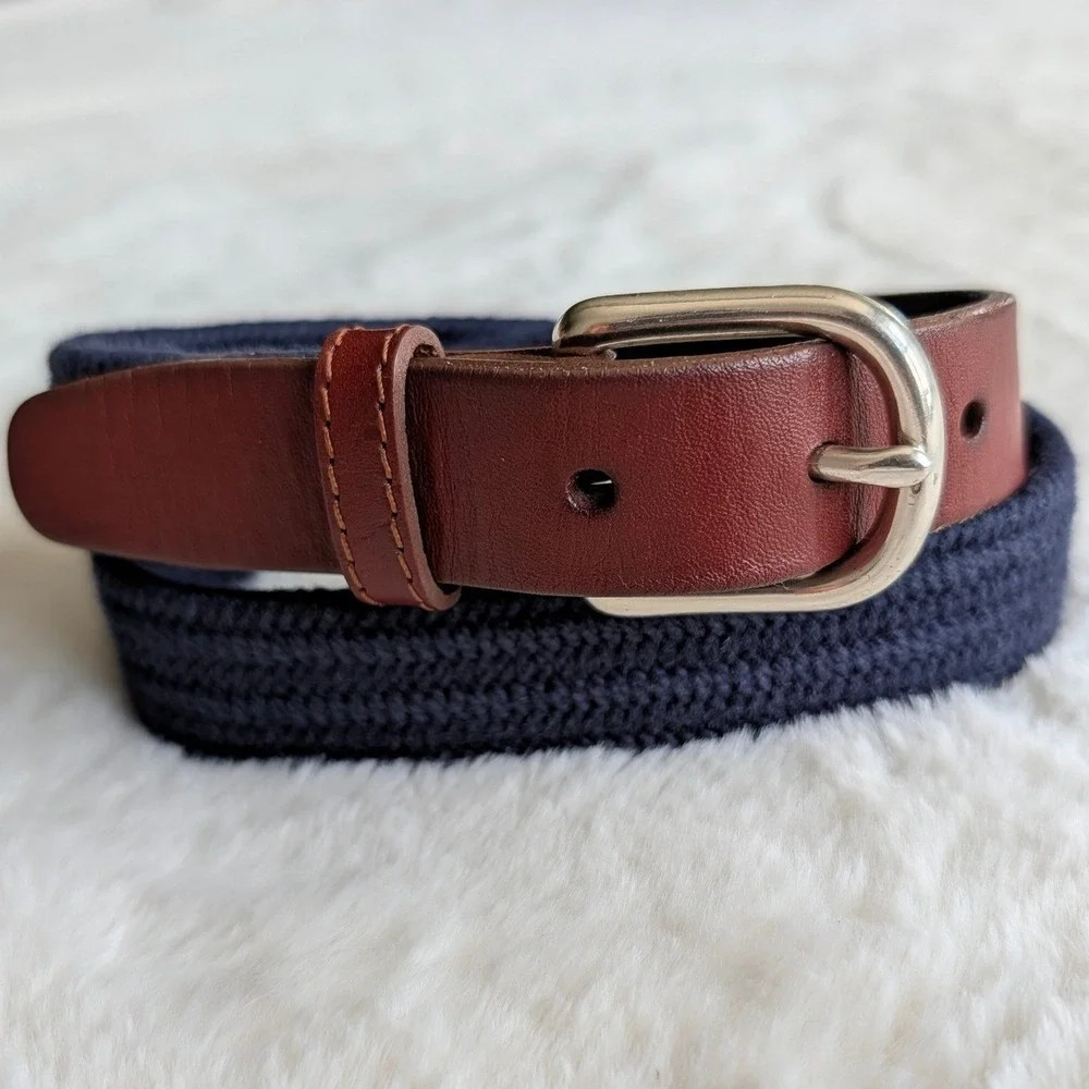 Crewcuts Boys Navy Blue Woven Belt Brown Leather Trim Silver Buckle Medium