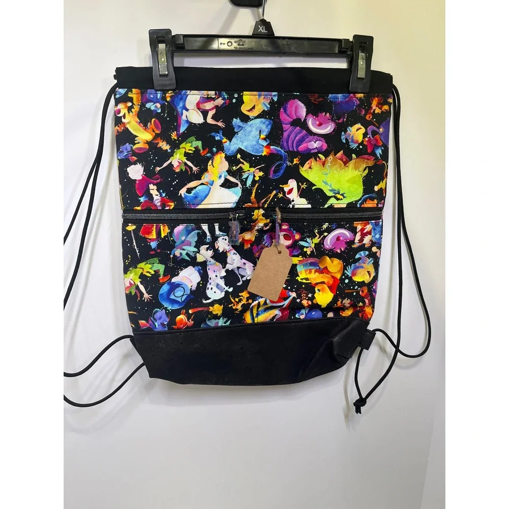 Handmade Character Watercolor Drawstring Backpack Black Cork Base Zipper Pocket