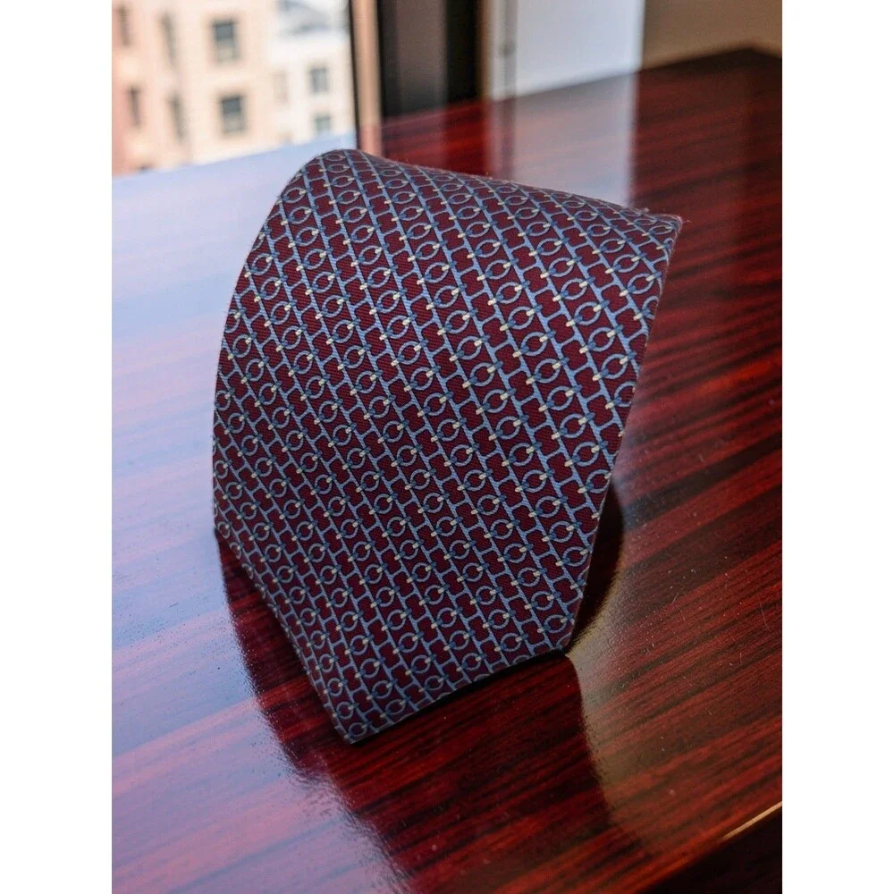 Brooks Brothers 100% Silk Tie Burgundy Blue Geometric Made USA Italian 60.25