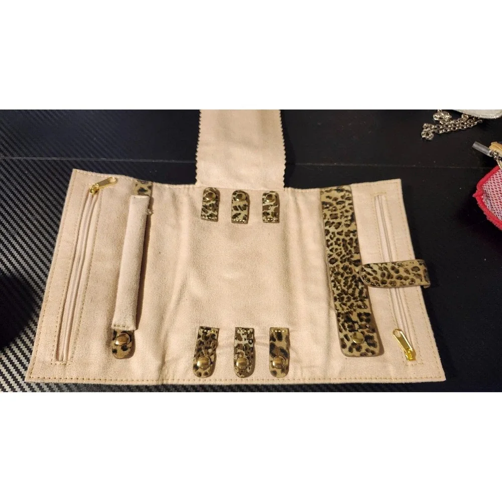 Reed and Barton Tri-Folding Travel Jewelry Clutch – Leopard Print, Faux Suede