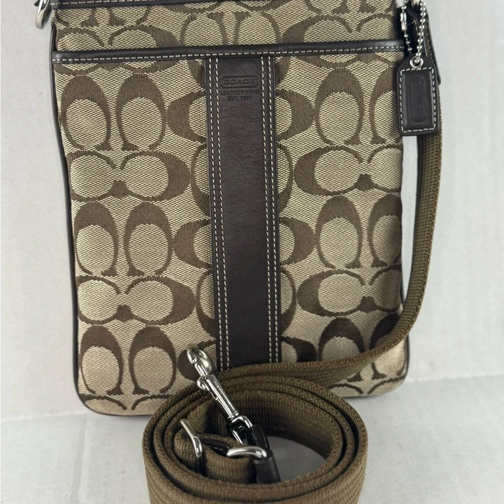 Coach Vintage Small Crossbody Bag Tan Logo Printed Canvas Brown Leather Accents.