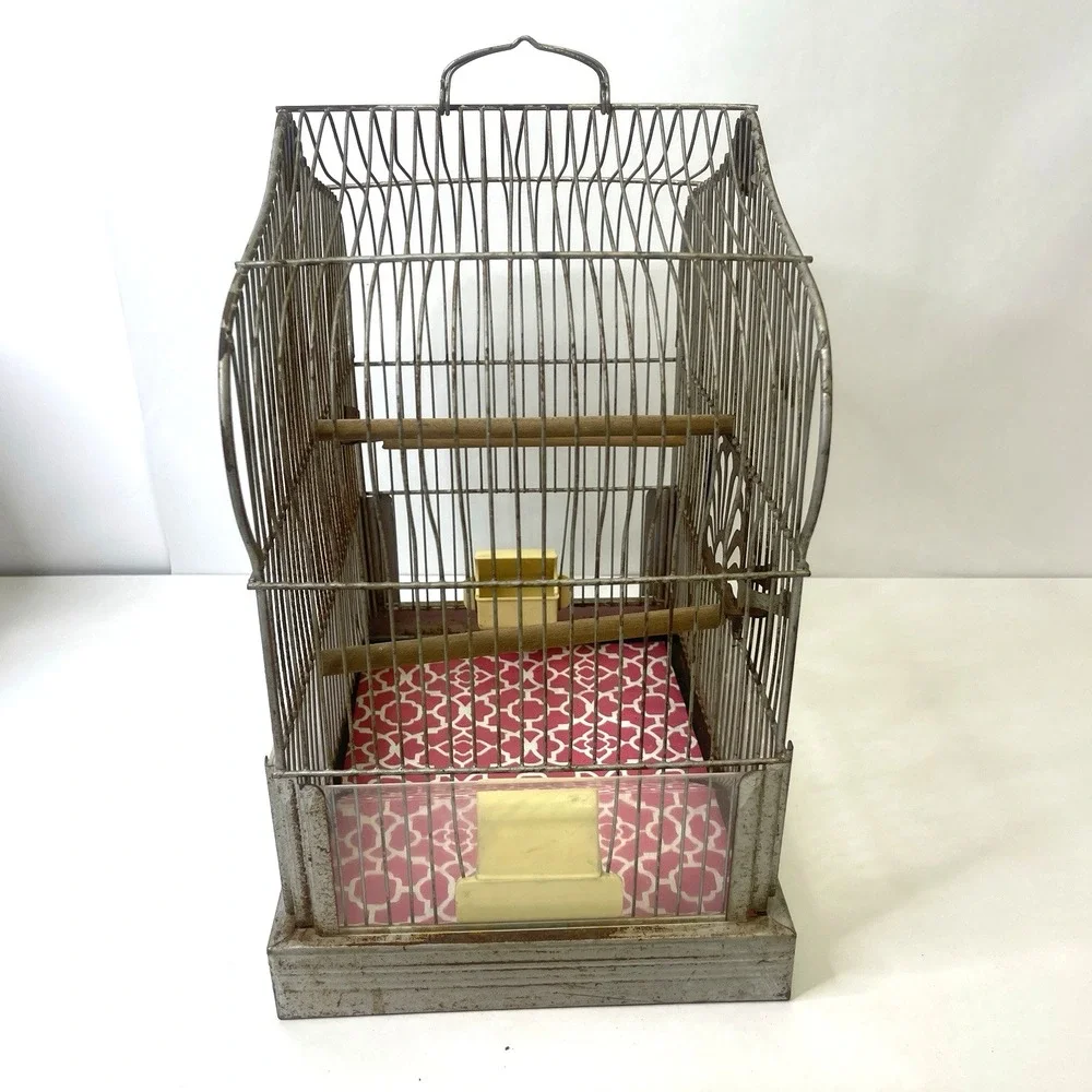 Vintage CROWN‎ Wire Bird Cage w Original Feeder Trays & Slide Tray Hang Hook