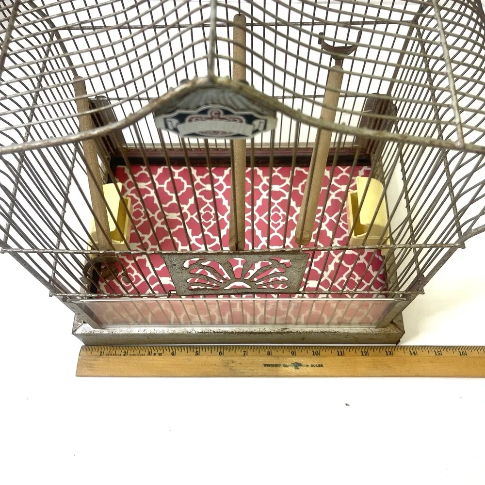 Vintage CROWN‎ Wire Bird Cage w Original Feeder Trays & Slide Tray Hang Hook