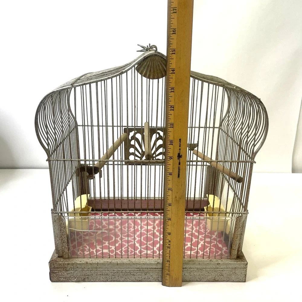 Vintage CROWN‎ Wire Bird Cage w Original Feeder Trays & Slide Tray Hang Hook