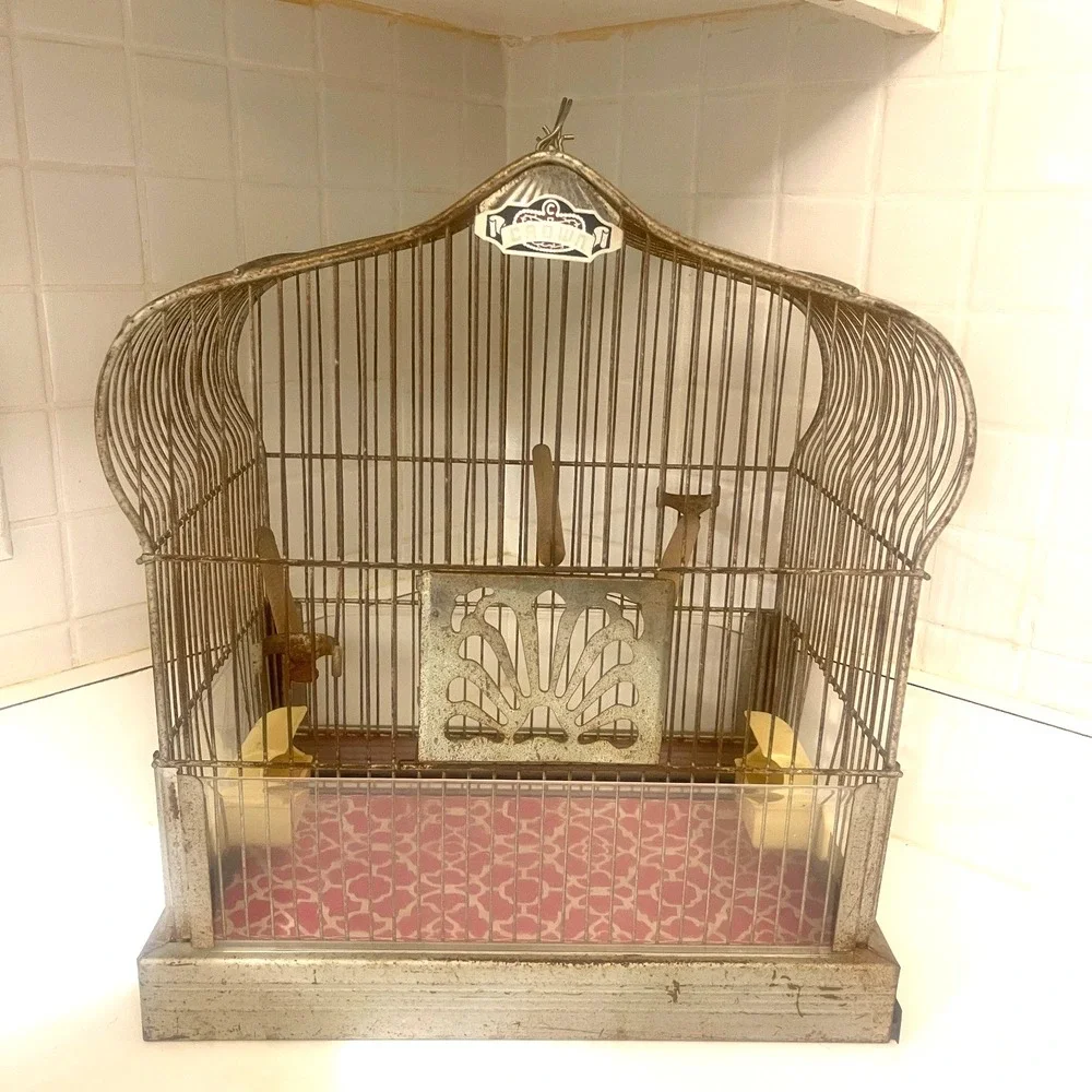 Vintage CROWN‎ Wire Bird Cage w Original Feeder Trays & Slide Tray Hang Hook