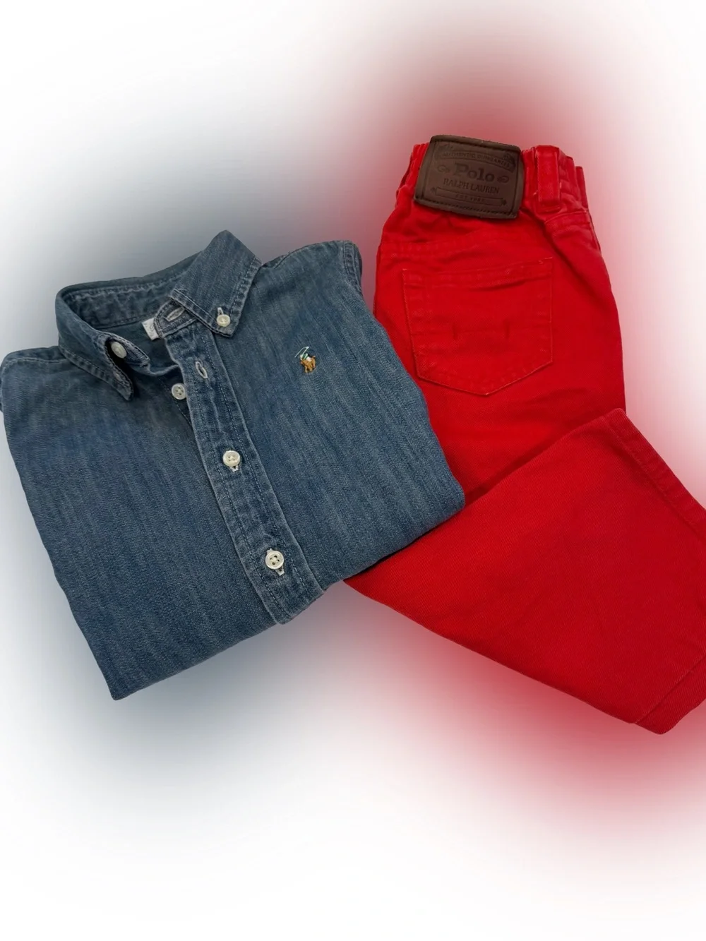 Ralph Lauren Unisex Kids 2 PCS Set Denim Shirt Red Jeans Sz 18 Mo. EUC