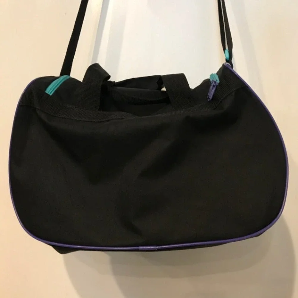 adidas Black Duffel Bag with Purple Logo and Teal Trim