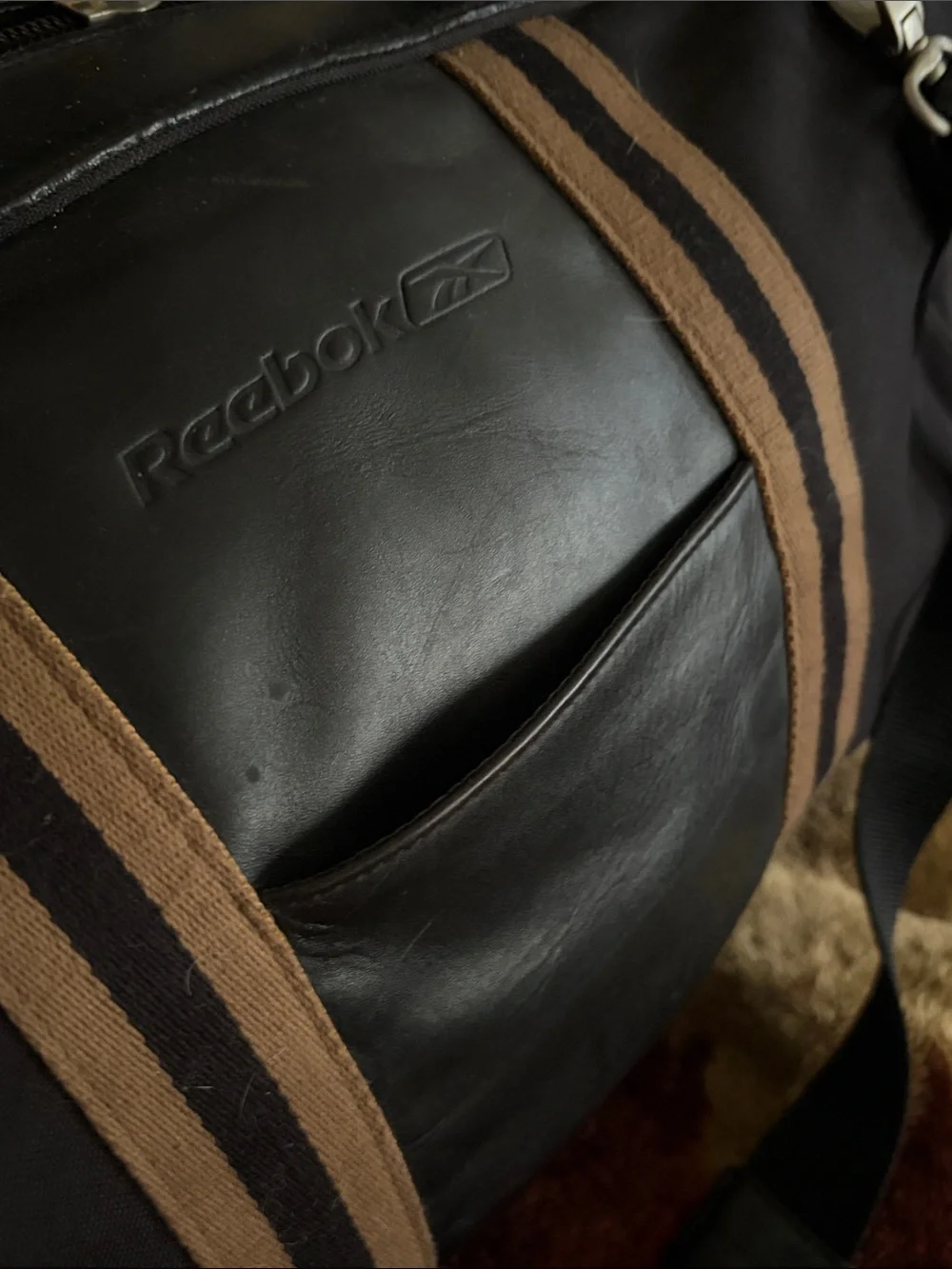 Vintage Rebook Men's Leather Black Travel Gym Duffel Bag with Tan Stripes