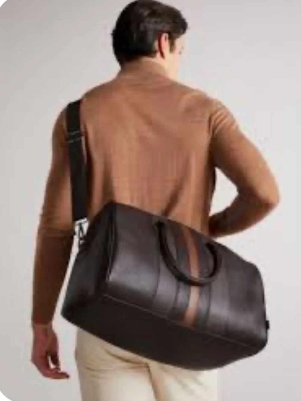 Vintage Rebook Men's Leather Black Travel Gym Duffel Bag with Tan Stripes