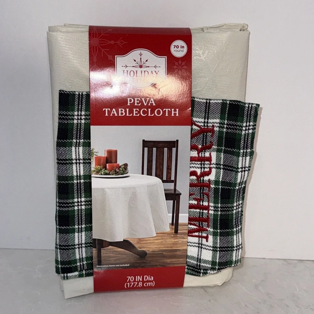HOLIDAY TIME Green  WHITE FABRIC TABLECLOTH 70