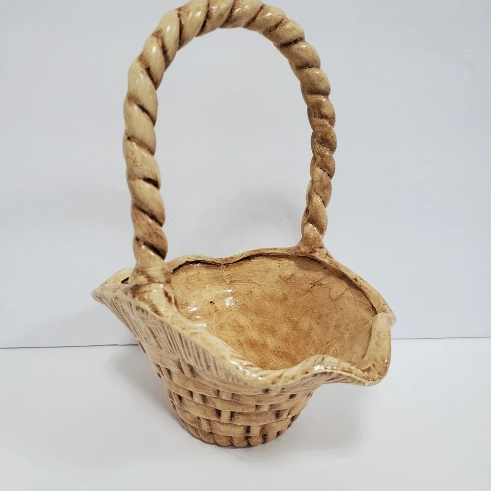Euro-O-Con Mold Vintage Ceramic Basket Twig Handle Rustic Farmhouse Decor Accent