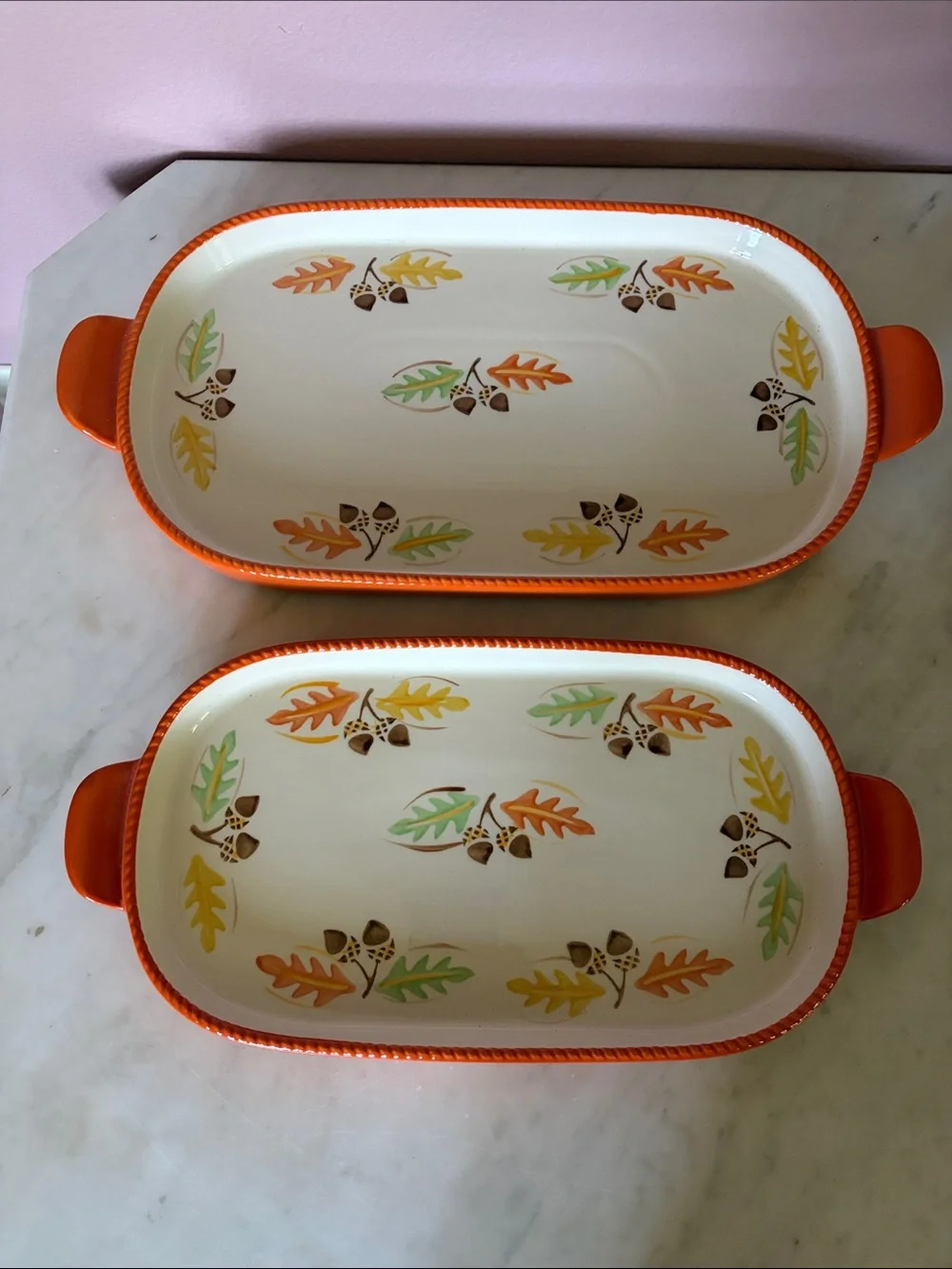 Temptations by Tara Ceramic Serving Trays in Orange with Autumn Leaf Accent